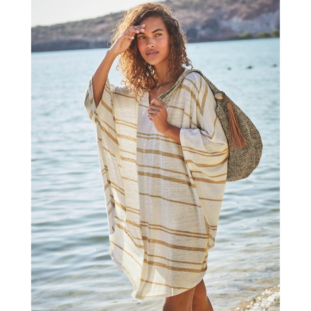 Garnet Hill Cover Up Organic Linen Boho White Tan Small